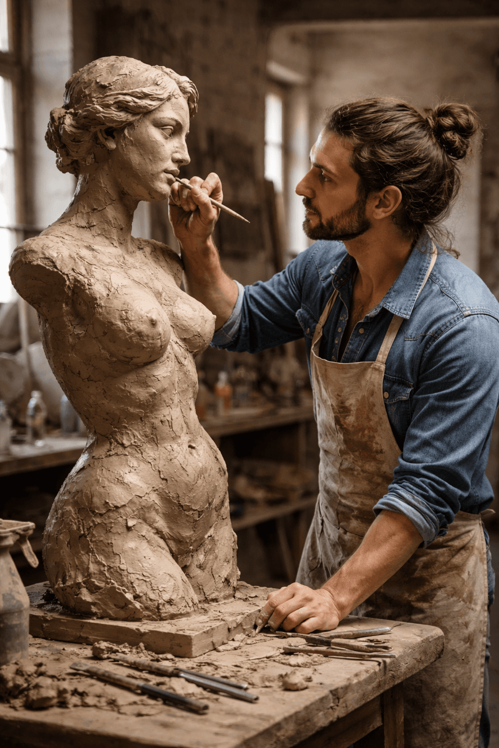 Sculptor refining a clay bust in the studio