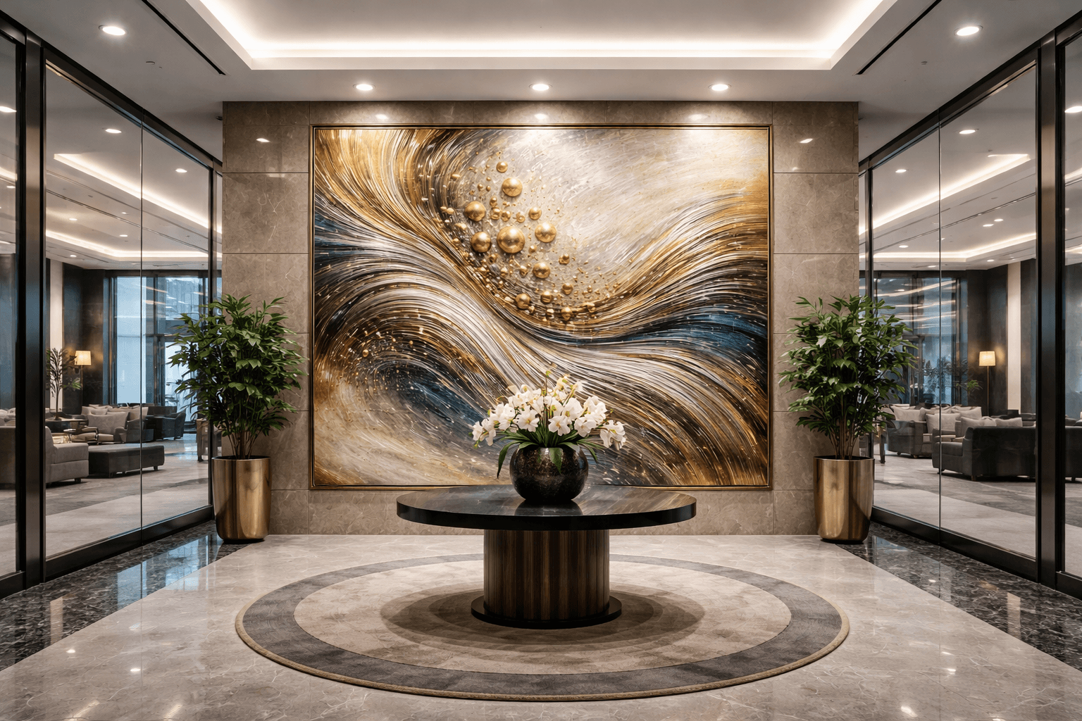 Modern lobby featuring a Gallerie commissioned artwork